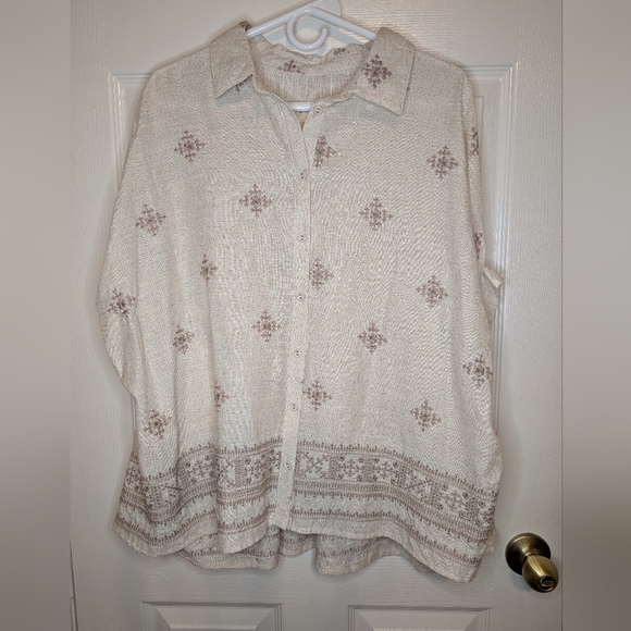 UMGEE Linen Blend Blouse Button Down Women's Small Oatmeal Embroidered NWT - Picture 2 of 6